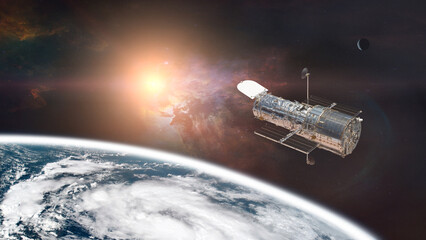 Wall Mural - space telescope, above the earth planet, with the sun light. elements of this image furnished by nas