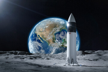 Wall Mural - starship spacecraft on moon surface with earth planet. artemis space mission. elements of this image