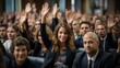At a professional business seminar, a diverse audience raises their hands in an important decision