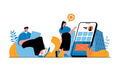 Aufkleber - App development web concept with people in flat cartoon design. Man and woman creating and engineering user interface of mobile screen. Vector illustration for social media banner, marketing material.