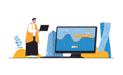 Fototapete - Cryptocurrency mining web concept with people in flat cartoon design. Man earning virtual money at crypto platform using digital farm. Vector illustration for social media banner, marketing material.
