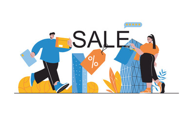 Poster - Discount sale web concept with people in flat cartoon design. Man and woman with shopping bags making purchases with bargain prices. Vector illustration for social media banner, marketing material.