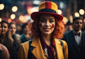 Sticker - Beautiful women suit and bowler hat, surrounded by crowd people on the background