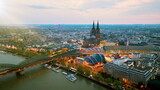 Fototapeta Konie - 4k Aerial view of cityscape of Cologne, Germany, Europe. Cathedral Church