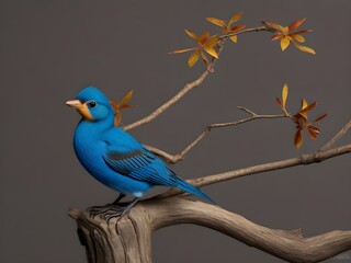 Wall Mural - Blue bird sitting on a branch with leaves, isolated on gray background