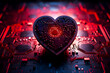heart-shaped electronic circuit on a motherboard, with red lights and intricate patterns, representing a blend of technology and emotion