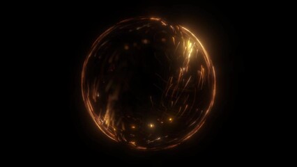 Seamless loop of glowing lines swirling in a sphere with orange hues.