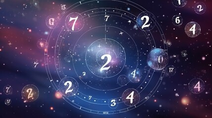 Numerology and esoteric astrology magic concept. Flying cosmic numbers in space galaxy.