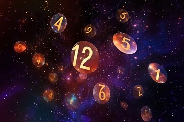 Wall Mural - numerology and esoteric astrology magic concept. flying cosmic numbers in space galaxy.