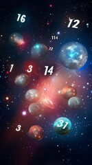 Wall Mural - numerology and esoteric astrology magic concept. flying cosmic numbers in space galaxy.