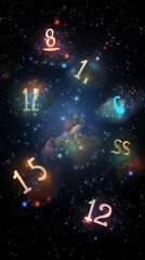 Wall Mural - numerology and esoteric astrology magic concept. flying cosmic numbers in space galaxy.