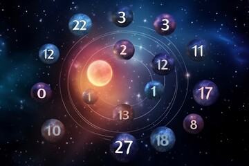 Wall Mural - numerology and esoteric astrology magic concept. flying cosmic numbers in space galaxy.