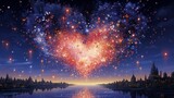 Fototapeta Miasto - Heart-shaped fireworks bursting in a starry night sky.