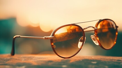 Poster - Sunglasses on a table with the sun in front of them, AI