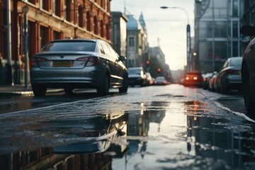 Naklejka na meble A city street with a puddle of water on the road. This image can be used to depict urban scenes, rainy weather, or reflections.