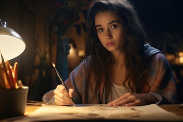 Poster - A woman sitting at a table writing on a piece of paper. Suitable for office, education, or creative concept use.