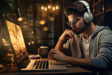 Poster - A man sitting at a desk with a laptop and headphones on. Perfect for illustrating work, productivity, or remote work concepts.