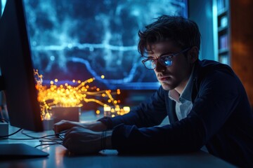 Poster - a man is pictured sitting in front of a computer monitor. this image can be used to depict concepts 