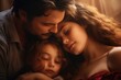 © Ева Поликарпова - A picture of a man and a woman with their child enjoying a day in the park. This image can be used to depict the concept of family, parenting, and spending quality time together outdoors.