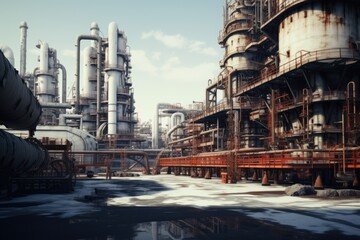 Poster - An expansive industrial area filled with a complex network of pipes. 