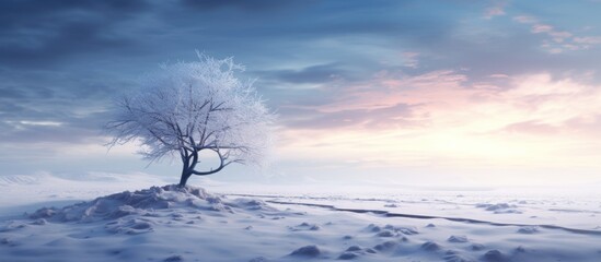 Beautiful winter landscape with lonely white tree in the snow on blue sky background. AI generated