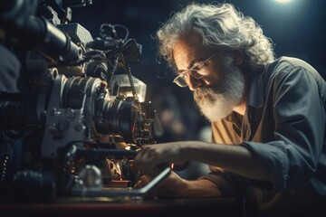 Poster - a man can be seen working on a machine in a dark room. this image can be used to depict a variety of
