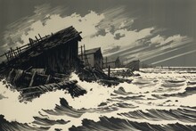 Ink Wash Illustration Of A Stormy Whitecapped Sea Washing Over Dilapidated Wooden Buildings Under Gunmetal Gray Skies, Windy, Bleak, Cold, And Lonely. From The Series “Recurring Dreams."