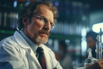 Poster - A man in a lab coat is holding a beaker. This image can be used to depict scientific research, chemistry experiments, or laboratory work