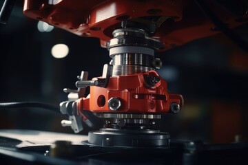 Poster - A detailed close-up view of a machine with a bright red handle. This versatile image can be used to represent industry, mechanics, tools, or any concept related to handling and operating machinery