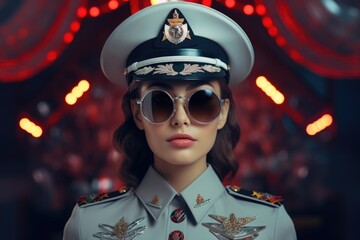 Poster - A woman wearing a military uniform and sunglasses. Suitable for military-themed designs or concepts