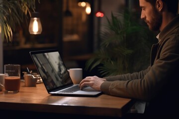 Poster - a man sitting at a table using a laptop computer. suitable for technology-related articles and blog 
