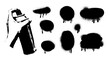 © ugguggu - Spray paint smudges and splashes set. Graffiti grunge texture blots, stains, banners. Hand holding spray can halftone collage element. Vector illustration isolated on transparent background