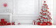 Elegantly Adorning the Christmas Tree: Modern Living Room Splendor with a Red Sofa Against a White Wall and Wood Floor