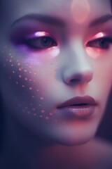 Wall Mural - Artistic portrait of a woman with a deep gaze, accented by pink light points on her face for a dramatic effect