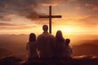 Back view of two parents standing, praying on the road with their children looking at the cross of Jesus Christ. Christian worship, salvation, gospel, faith concept. Christian Easter, Good friday