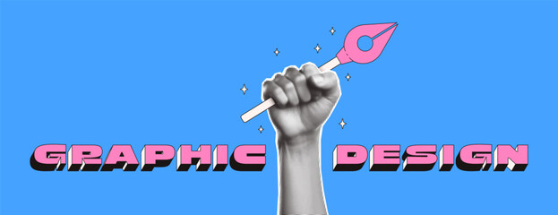 Fototapete - Graphic design volumetric lettering. Bright banner with isometric letters and halftone collage hand that holds vector pen tool. Trendy neobrutalism style.
