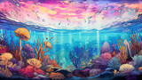 Fototapeta Do akwarium - Vue sous l'océan, paysage fantasy marin
