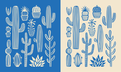 Wall Mural - hand drawn cactus plant doodle set. vintage style cartoon cacti houseplant illustration collection. 