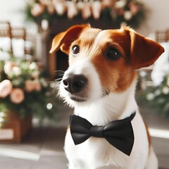 ai generated illustration of a canine wearing a stylish black bowtie against a dreamy background