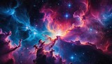 Fototapeta Sport - Colorful cosmic nebula veiled in space dust, a celestial spectacle. Fantastic space nebula with glowing cosmic clouds on black background. Universe, stars and galaxies clusters of fantastic worlds