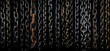 Ultra-wide collage of an intriguing array of hanging chains, each bearing the weathered traces of time, some adorned by a subtle rust patina, expertly juxtaposed against a dramatic black background