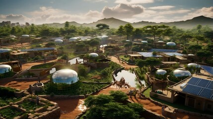 an AI image of a sustainable developed village with rainwater harvesting
