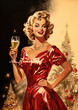 © NK Project - Retro 1960's postcard of smiling woman, in red dress with drink, champagne, Christmas tree behind with splashes on background