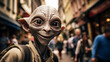 Futuristic portrait of joyful friendly alien, like a tourist is surprised to see the sights of a small European town