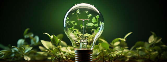 light bulb with leaves on green background. sustainable, environmental lifestyle, renewable source, 