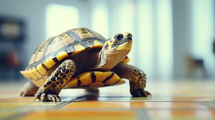 Wall Mural - A small turtle walking on a tile floor, AI