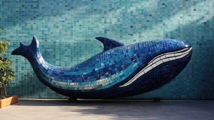 Sticker - A blue whale sculpture in front of a wall, AI