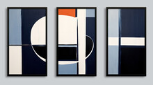 Set Of Abstract Painting Of Dark Blue And Orange Geometric Shapes.