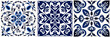 Beautifully intricate Baroque-inspired ceramic tile design with blue and white porcelain flower damask pattern and central framing element.