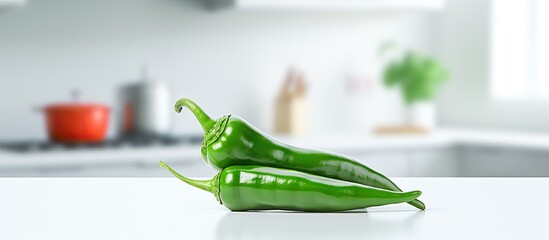 Poster - In a bright, white kitchen space with an isolated food item against a clean white background, a vibrant green pepper stands out, adding a pop of color to the scene. This Asian vegetable, known for its